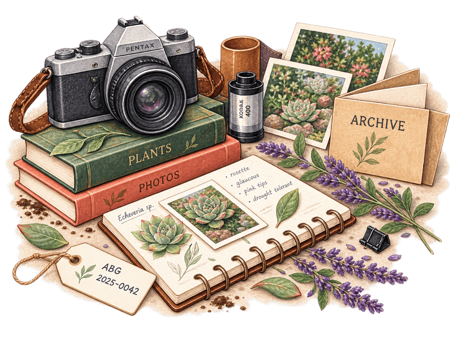 A film camera resting on books, beside a notebook of plant records and an archive envelope