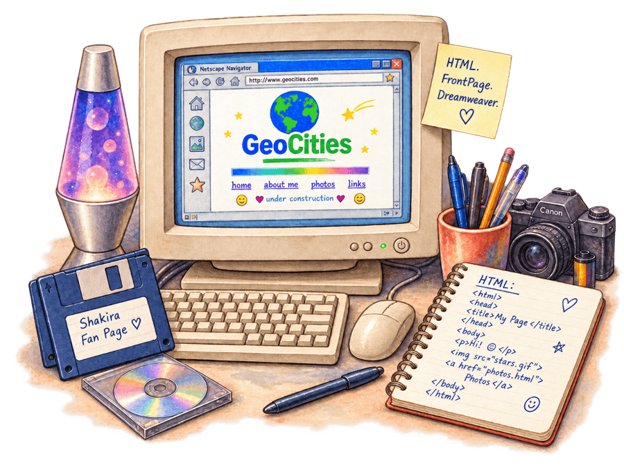 A beige CRT monitor showing a GeoCities page, beside a floppy disk and a film camera