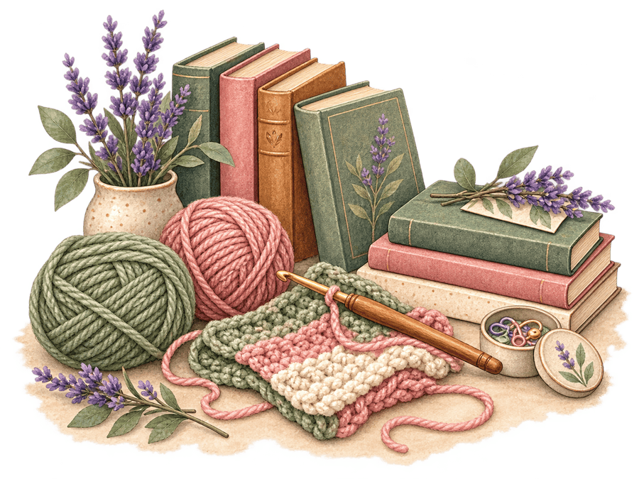 Yarn, a crochet hook and a stack of books