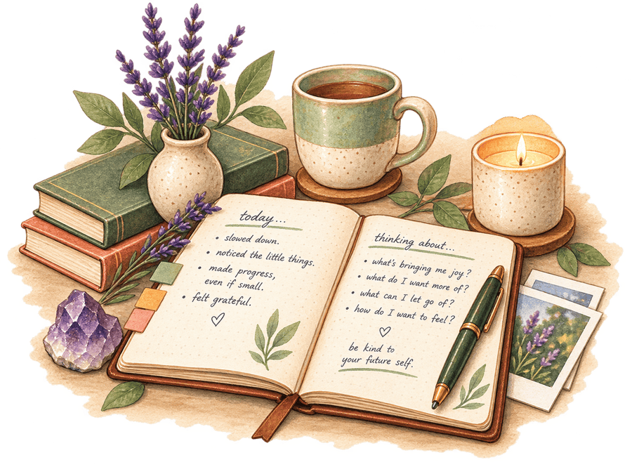 An open journal beside a candle and a cup of tea