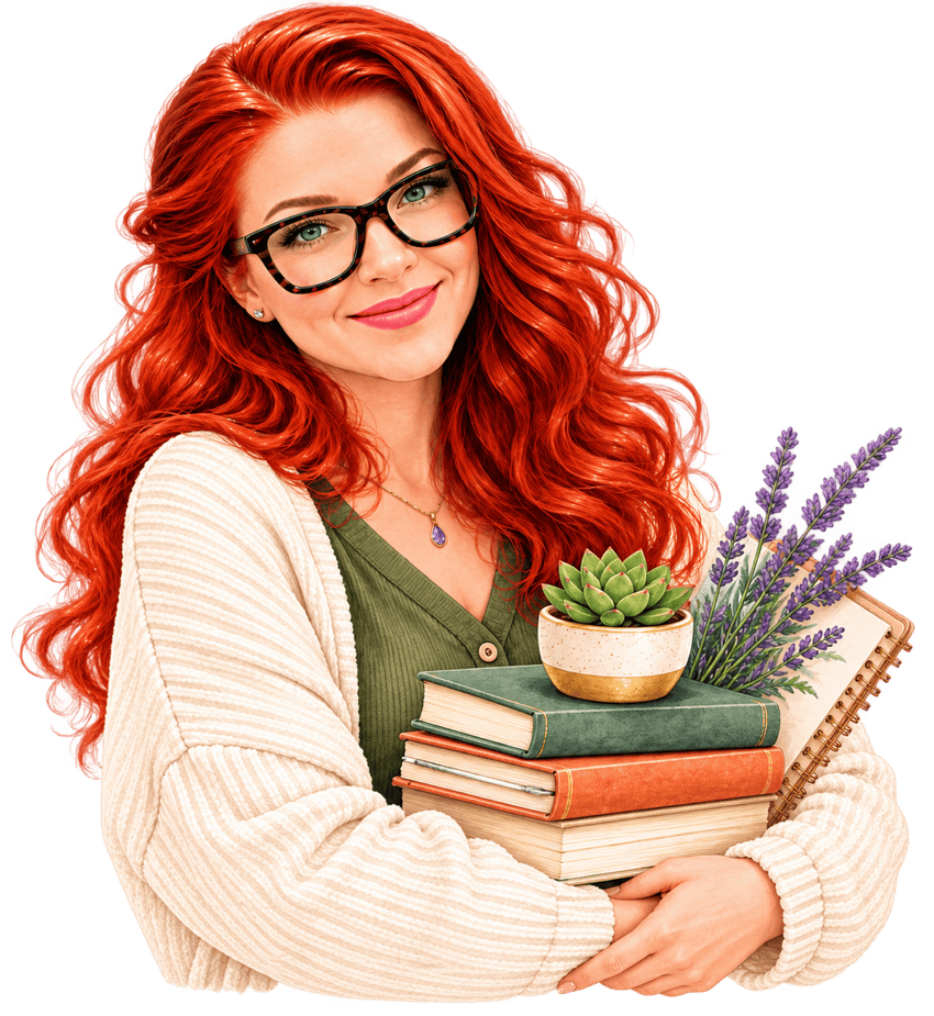 Amanda, holding a stack of books with a succulent and lavender