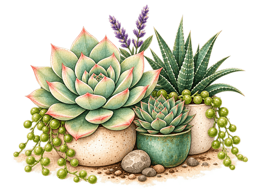 A watercolour of potted succulents: a pink-edged echeveria, a haworthia, and trailing string-of-pearls