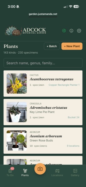 The plant catalogue: each species with a photograph, its family, how many specimens and where they live