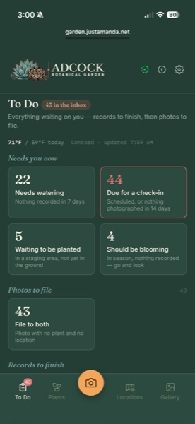 The app's To Do screen: counts for plants needing water, due a check-in, waiting to be planted, and photos still to file