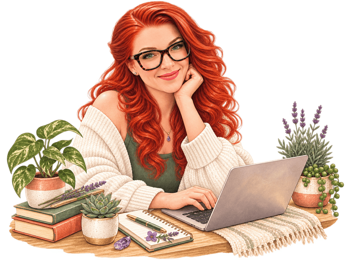 Amanda at her desk, surrounded by plants, books and a notebook